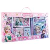 Frozen themed stationery set for kids by Huitich with notebook, stickers, and writing tools in pink packaging